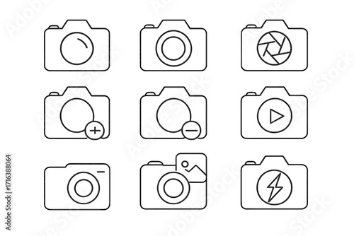 Photo camera line icon pack. Vector symbols for photography UI. Editable stroke pictograms for app & web design. Includes video, flash, aperture, zoom, gallery icons. Minimal.
