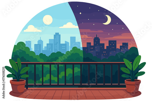 Day and night transition view from a balcony over a city skyline. 24-hour cycle concept. Urban landscape with park. Vector cartoon illustration of duality and change.
