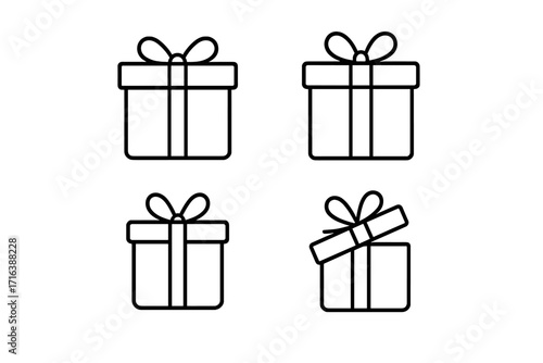 Gift box icon set linear pictogram. Present symbol simple outline. Surprise package with ribbon and bow for birthday, christmas or holiday. Editable stroke vector illustration.