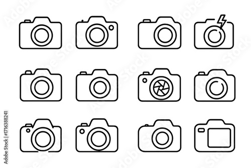 Photo camera linear icon collection. Photography symbol set. Digital camera pictogram. Simple line art for logo, web, app design. Shutter, flash, lens concept. Vector.