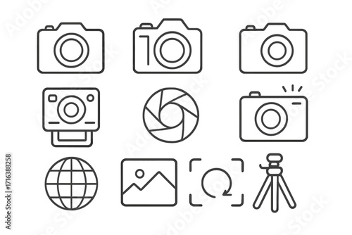 Photography line icon set. Photo camera, instant picture, shutter, tripod symbols. Minimal outline pictograms for UI, UX, web design. Editable stroke vector graphic collection.