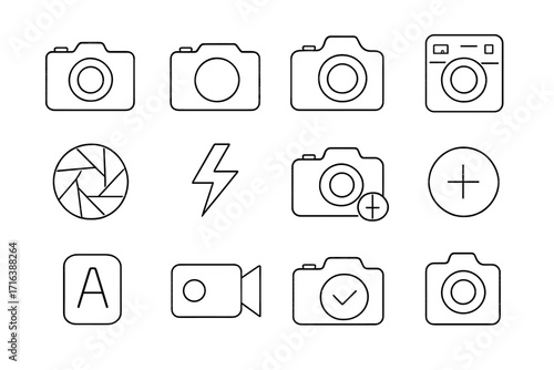 Photo camera and photography linear icon set. Minimalistic pictograms for UI, UX design. Vector collection of editable stroke symbols like aperture, flash, video camera.