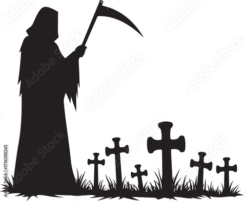 Grim Reaper silhouette with scythe and graveyard crosses
