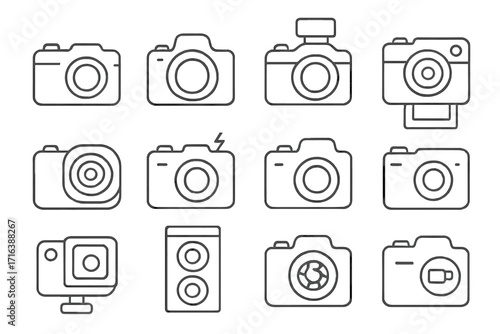 Camera line icon set. Photography, picture, and photo symbol collection. Editable stroke. Minimal vector pictogram for web, ui, ux design. DSLR, instant and action cam.