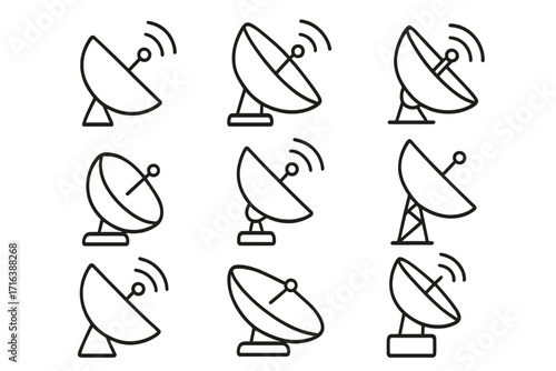 Satellite dish icon set. Simple linear pictogram collection of antennas. Communication technology symbol. Broadcast, signal, and data concepts. Editable stroke vector illustration.