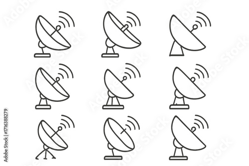 Satellite dish icon set. Simple linear pictogram. Editable stroke vector for telecommunication, broadcast, data transmission. Minimalistic wireless technology symbol design.