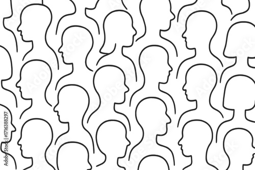 Seamless pattern with a crowd of people. Line art human silhouettes. Concept for society, population, communication, community, forum. Anonymous profiles. Vector background.
