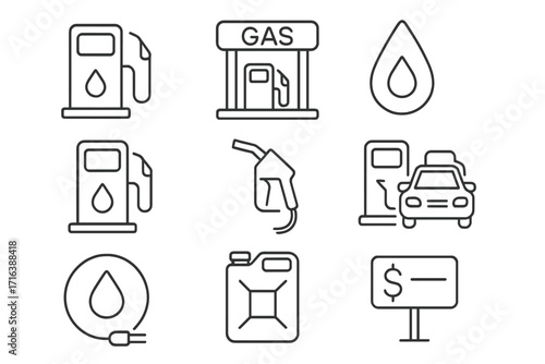 Gas station and fuel outline icons collection. Petrol pump, car refueling, and gasoline can linear pictograms. Editable stroke vector set for transport and energy concepts.