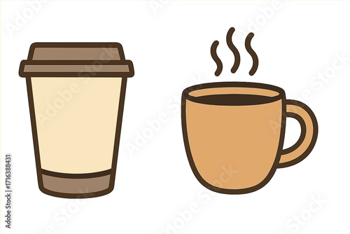 Two coffee cup vector illustrations. Minimalist icon set includes a takeaway paper cup and a hot coffee mug. Ideal for cafe menus, branding, and beverage-themed designs.