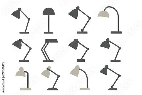 Vector set of desk lamp icons. Collection of modern table lamps in minimalist flat style. Interior design element for home office or creative workspace inspiration. Lighting furniture.