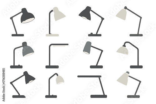 Variety of desk lamps in minimalist style. Collection of modern table lamp icons for interior design. Vector illustration of office and home lighting equipment. Flat design set.