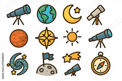 Astronomy and space exploration icon set. Telescope, planet, moon and sun celestial bodies. Galaxy, compass and stars navigation symbols. Vector cartoon science discovery icons.
