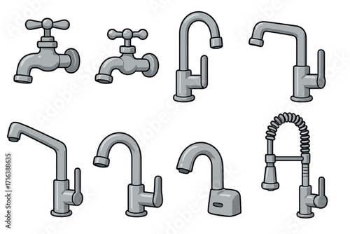 Faucet collection vector icon set. Assortment of kitchen, bathroom water taps. Cartoon plumbing fixture illustrations. Chrome sink mixers and spigots of various styles.