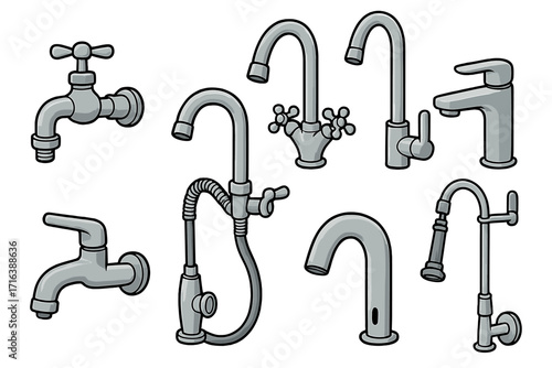Vector collection of various faucet and water tap designs. Cartoon illustration set for bathroom and kitchen plumbing fixtures. Different styles of metal spigots and mixers.