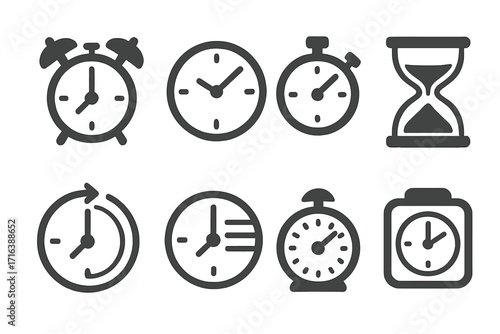 Clock and timer vector icon set. Time management concept collection. Includes alarm clock, stopwatch, hourglass icons. For scheduling, deadlines, and urgency. Flat glyph style.