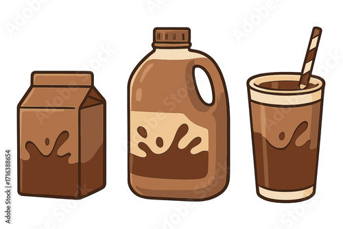 Chocolate milk vector icon set. Cartoon illustration of various containers: carton, bottle, and glass with straw. Isolated dairy beverage drink for breakfast or snack.