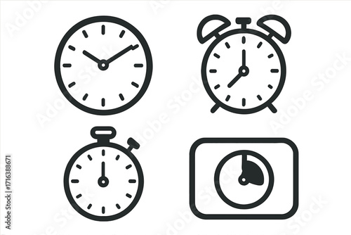 Time management concept with clock and timer vector icons. Minimalist alarm clock, stopwatch, and countdown timer. Metaphor for deadline, schedule, punctuality, watch.