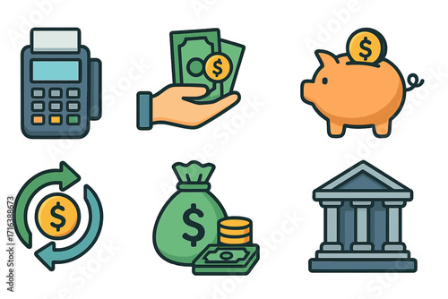 Finance and banking icon set. Vector concepts for business payment, savings, and investment. Includes piggy bank, POS terminal, money transfer, cash and bank icons. Economy.