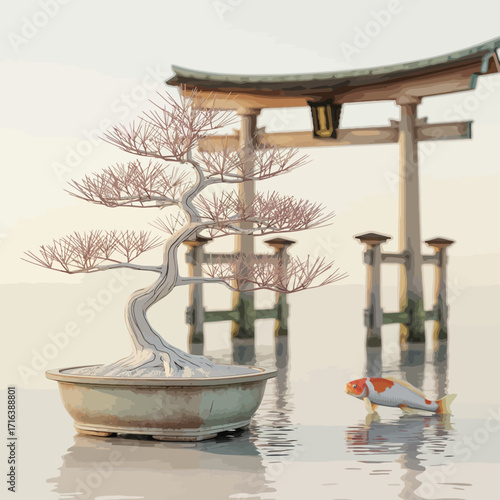 A peaceful traditional Japanese garden with a red Torii gate in the lake, reflecting the morning sky