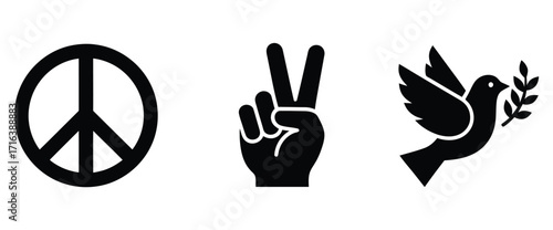Illustration of a peace symbol, a peace sign hand and a dove carrying an olive branch in black color
