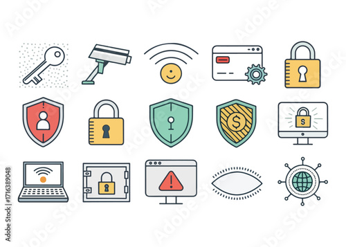 Cybersecurity Elements and Data Protection Icons in Vector Style Representing Digital Safety and Online Security Measures