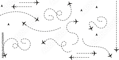 Airplane line path icon of air plane flight route dash line trace with start point. Simple airplane travel line
