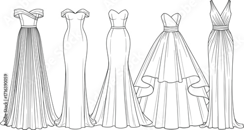 PrintA Dress with a Ruched Bodice, Puff Sleeves, and Tiered Skirt, CAD Drawing