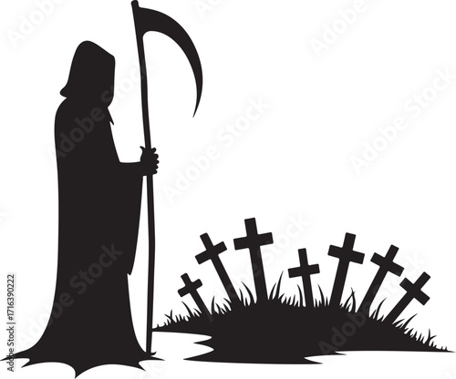 Grim Reaper silhouette with scythe and graveyard crosses