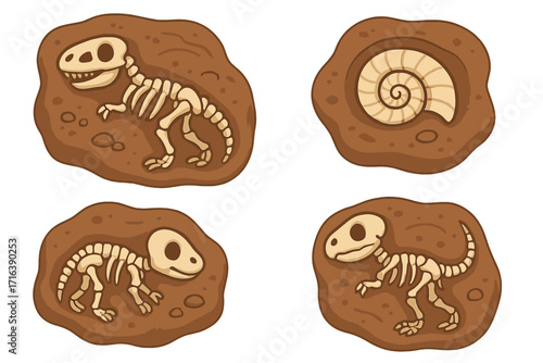 Cartoon fossil collection with dinosaur skeletons, T-rex bones, and ammonite shell. Paleontology and archaeology icon set for kids. Prehistoric jurassic excavation vector.