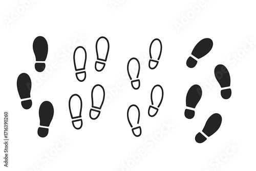 Footprint path vector set. Human shoe prints icon collection. Footstep trail silhouettes and outlines. Concept of walking, journey, steps, and direction. Boot sole marks.
