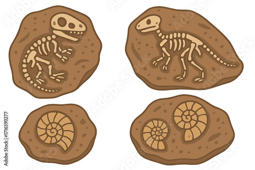 Dinosaur fossil skeletons and ammonite impressions. Paleontology vector icon set. Prehistoric animal bones and ancient mollusc shells for archeology or museum. Cartoon.