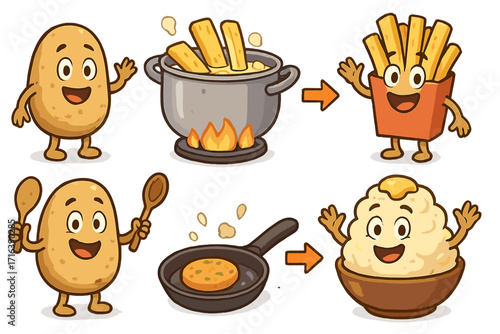 Cute potato character mascot transformation. Funny cartoon vector set showing the cooking process for making french fries and mashed potatoes. Step-by-step food recipe infographic.