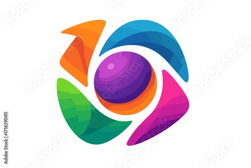 Abstract sphere logo design with colorful dynamic shapes. Modern 3D vector icon for technology, innovation, global business. Vibrant community, connection, and synergy symbol.