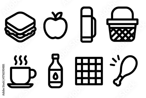 Set of minimal picnic icons. Summer food and drink collection. Includes sandwich, apple, thermos, basket, coffee, waffle, chicken leg. Simple outline vector illustration.