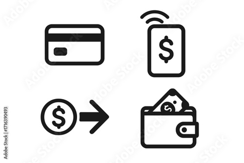 Payment methods icon set vector. Digital transaction, e-wallet, mobile pay. Credit card, money transfer, cash. Finance, banking, commerce. Minimalist line art illustration.