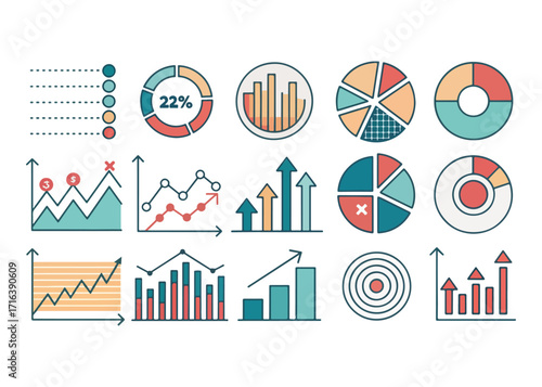 Diverse set of infographic diagrams and chart types ideal for data representation and visual communication purposes in business and finance reports