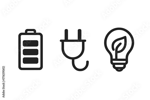 Energy and electricity icon set. Minimalist vector symbols for green power, battery charge, and electric plug. Concept of sustainability, renewable energy, and eco friendly ideas.