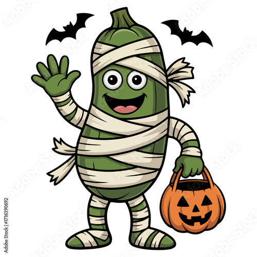 A Halloween-themed illustration of a zucchini dressed as a mummy waving hello and holding a pumpkin basket