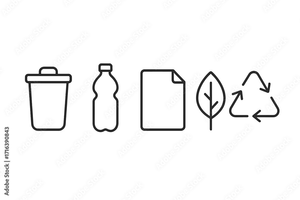 Fototapeta premium Recycling line icon set. Waste sorting symbols: trash can, plastic bottle, paper, organic leaf. Eco friendly, zero waste, sustainability concept. Minimal vector illustration.