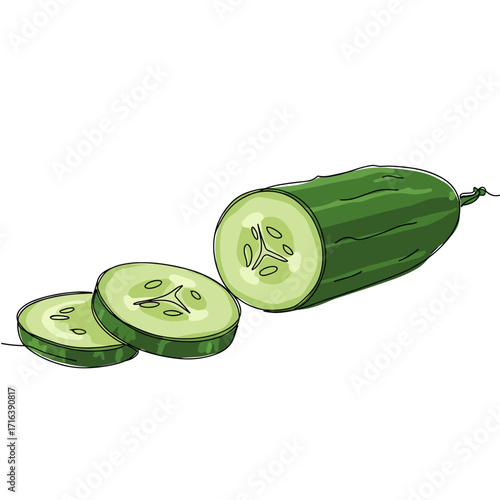 Sliced cucumber with visible seeds on a white background  