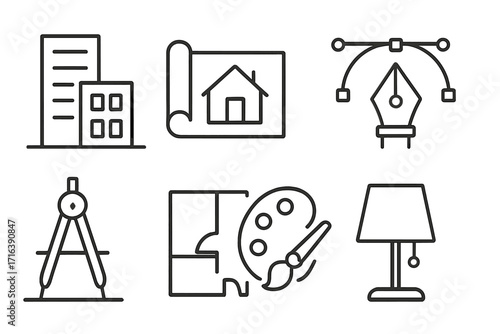 Architecture and design line icon set. Minimalist vector symbols for building, construction, interior and graphic design. Blueprint, pen tool, compass, floor plan icons.