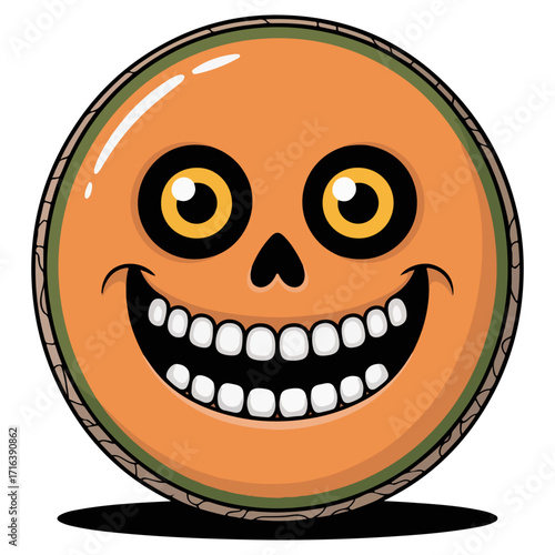 A spooky Jack-o'-lantern face for Halloween decor, smiling sinisterly. It's carved from a Cantaloupe with a jolly grin and eyes.