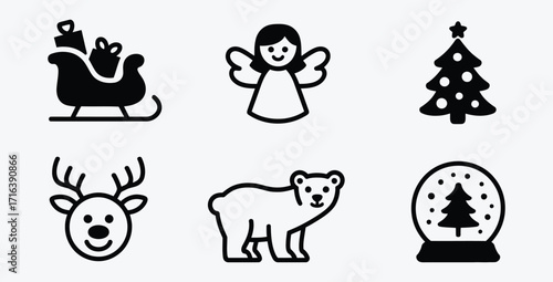 Festive Christmas icon set featuring santa sleigh angel christmas tree and more