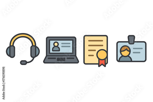 Online learning vector icon set. E-learning, remote work, webinar concepts. Includes headset, laptop with user profile, graduation certificate, and personal ID card badge. Flat cartoon icons.