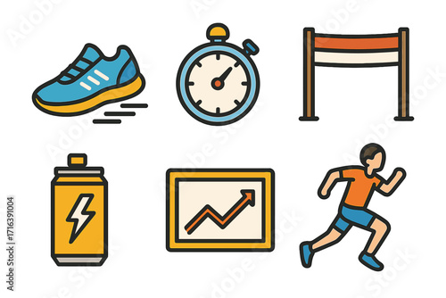 Running icon set vector illustration. Cartoon elements for fitness and sport. Includes runner, shoe, stopwatch, finish line, energy drink, and progress chart. Marathon race concept.