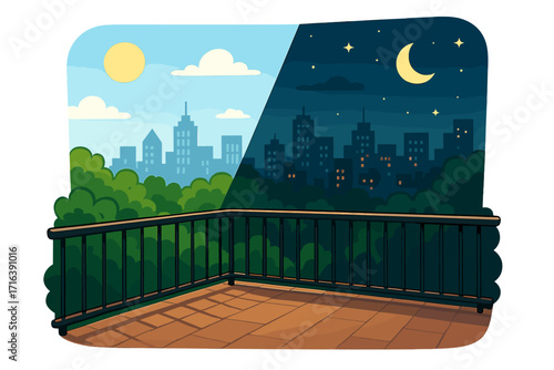 Day to night transition city skyline from a balcony view. Before and after concept. 24-hour cycle of an urban cityscape with park. Vector cartoon change illustration.