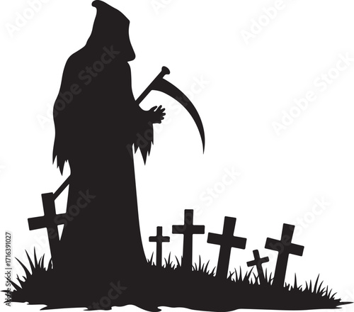 Grim Reaper silhouette with scythe in graveyard death