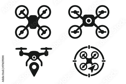 Set of drone icons in minimalist style. Quadcopter with camera for photography and video. GPS navigation, location pin. Unmanned aerial vehicle for delivery and surveillance.