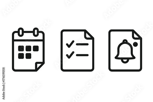 Minimal document icons set with calendar, checklist, and notification bell. Vector symbols for planning, schedule, task management, reminders, and alerts for web or app UI design.