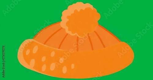 Designers showcasing orange knit beanie hat with pom-pom on transparent canvas for fashion mockup